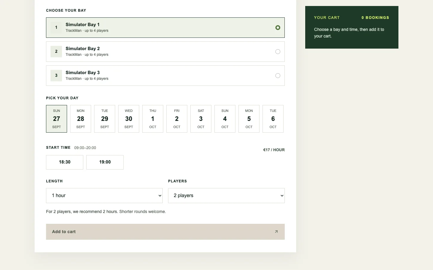 Gimme Golf booking interface showing simulator bays, dates, tee times, player count, and cart