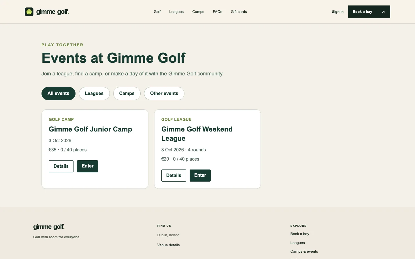 Gimme Golf events page showing a junior camp and weekend league