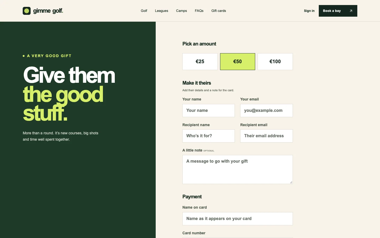 Gimme Golf gift card page showing amount choices and a personal message form