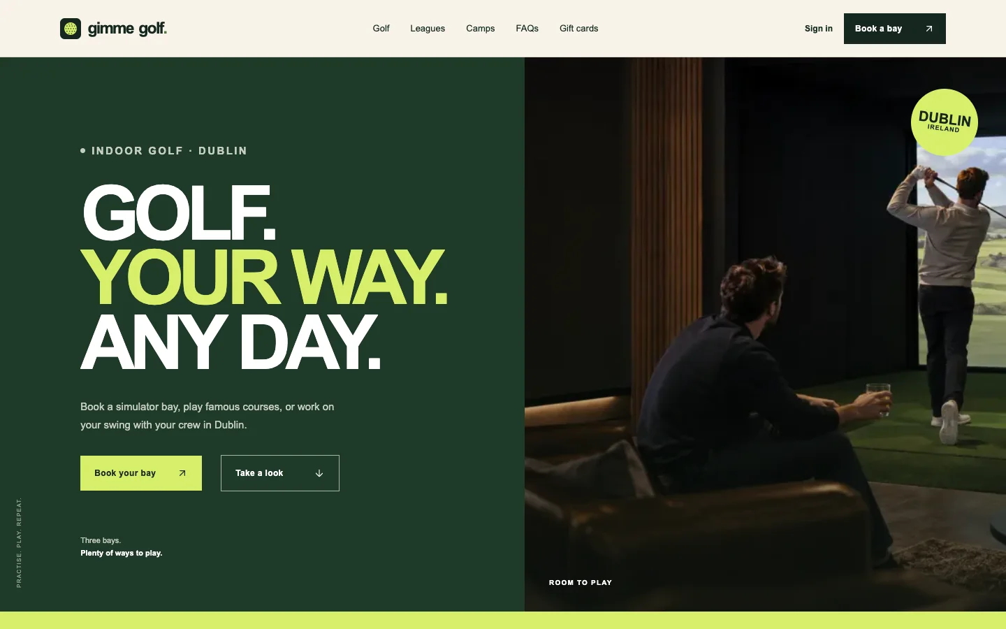 Gimme Golf homepage with its new golf club design and simulator bay photography