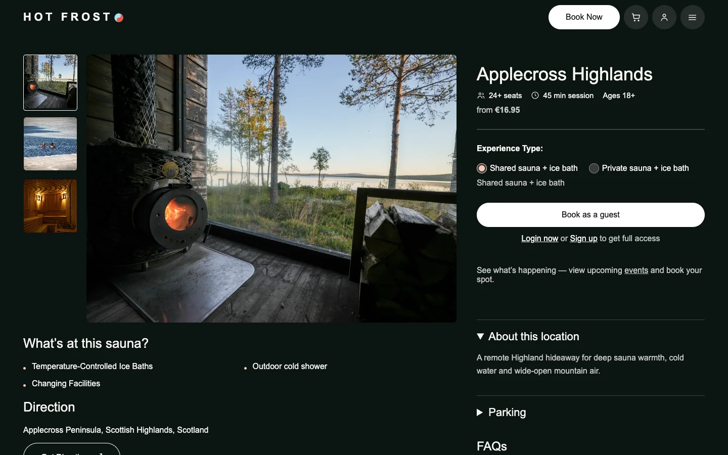 Applecross Highlands location page with gallery, details, and session choices