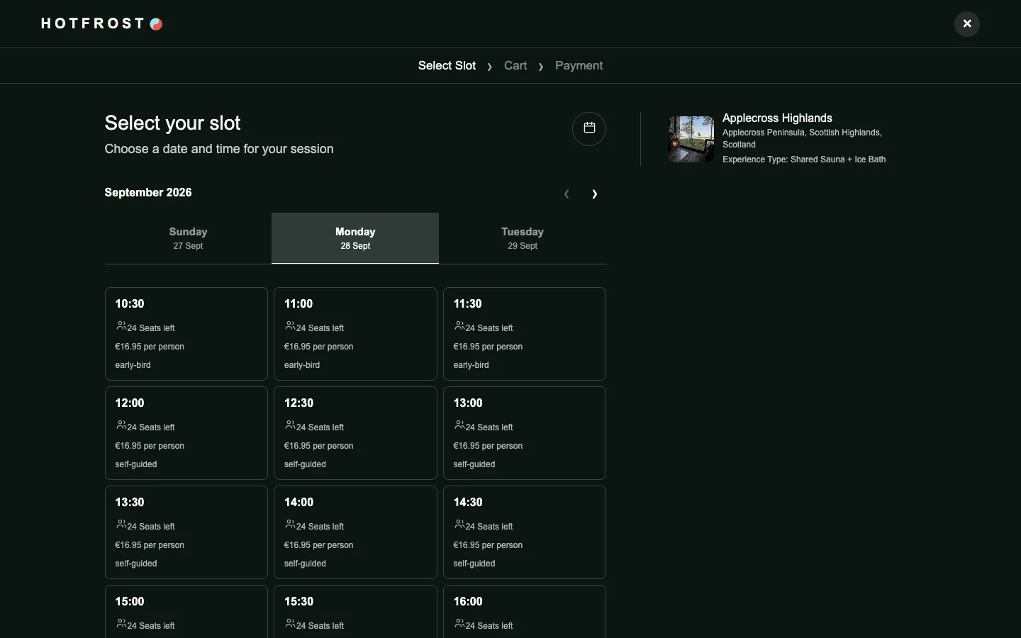 Hot Frost slot picker showing dates, times, available seats, and prices