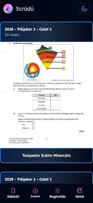 Current Scrúdú mobile question view with Irish geography paper, marking scheme, save, progress, menu, and notes controls